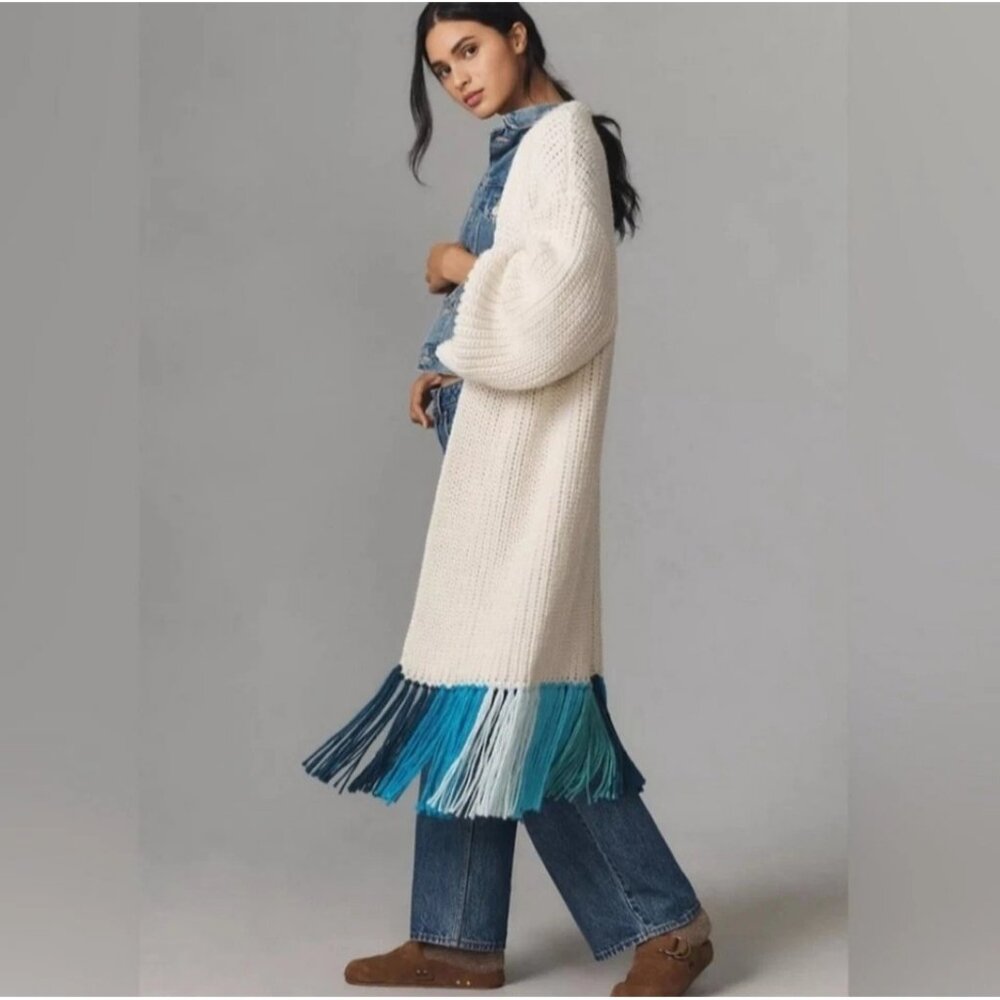 Anthropologie Multicolored Fringed Duster Cardigan Chunky Knit One Size Boho
